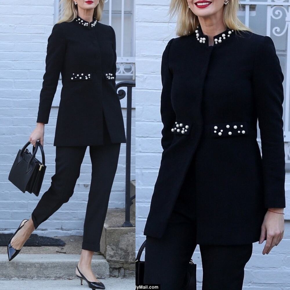 Zara Pearl Trim Black Blazer Top Coat Longline Tailored Jacket Embellished XS